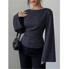 image:imageGORGLITTER Womens Pinstripe Cinched Waist Blouse Ruched Bell Sleeve ShirtsDark Blue