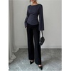 image:imageGORGLITTER Womens Pinstripe Cinched Waist Blouse Ruched Bell Sleeve ShirtsDark Blue