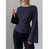 image:imageGORGLITTER Womens Pinstripe Cinched Waist Blouse Ruched Bell Sleeve ShirtsDark Blue