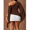 image:imageGORGLITTER Womens Plus Size Asymmetrical Tops Sexy Off The Shoulder BlouseCoffee Brown
