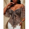 image:imageGORGLITTER Womens Plus Size Off The Shoulder Tops Leopard Print Tie Front 34 Sleeve Blouse Asymmetrical Peplum ShirtBrown