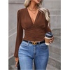 image:imageGORGLITTER Womens Ruched V Neck Blouse Business Casual Cinched Waist TopChocolate Brown
