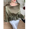 image:imageGORGLITTER Womens Shiny Peplum Blouse Dressy Long Lantern Sleeve High Low Hem Business Casual Party TopsDark Green