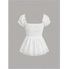 image:imageGORGLITTER Womens Smocked Peplum Tie Front Blouse Floral Jacquard Sweetheart Neck Puff Sleeve Babydoll TopsWhite