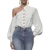 image:imageGORGLITTER Womens Bishop Long Sleeve Asymmetrical Top Gold Metal Button Down Shirt Fall Dressy Casual Office BlouseWhite