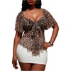 image:imageGORGLITTER Womens Plus Size Off The Shoulder Tops Leopard Print Tie Front 34 Sleeve Blouse Asymmetrical Peplum ShirtBrown