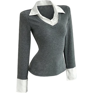 image:imageGORGLITTER Womens 2 in 1 Style Long Sleeve Blouse Dressy Casual Button Down Collared Knit Tight ShirtsDark Grey