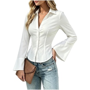 image:imageGORGLITTER Womens Bell Long Sleeve Button Down Shirts Cinched Waist TopsWhite