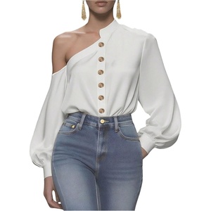image:imageGORGLITTER Womens Bishop Long Sleeve Asymmetrical Top Gold Metal Button Down Shirt Fall Dressy Casual Office BlouseWhite