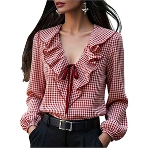 image:imageGORGLITTER Womens Gingham Top Ruffle Tie Front Bishop Long Sleeve V Neck Blouse Vintage Dressy Casual Office ShirtRed