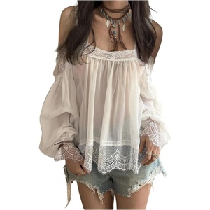 image:imageGORGLITTER Womens Lace Cold Shoulder Tops Chiffon Ruffle Sleeve BlouseBeige