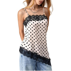 image:imageGORGLITTER Womens Lace Satin Camisole Top Polka Dots Asymmetrical Hem Silk Sleeveless Party Elegant Going Out Cami TopsBlack and White