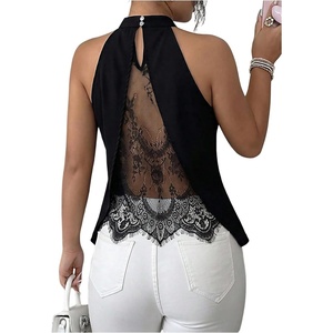 image:imageGORGLITTER Womens Lace Sheer Mesh Asymmetrical Blouse Tank Halter TopsBlack