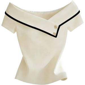 image:imageGORGLITTER Womens Off The Shoulder Blouses Tops Short Sleeve Button Dressy Shirts Elegant Brunch OutfitsApricot