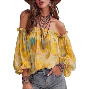 image:imageGORGLITTER Womens Off The Shoulder Tops 34 Sleeve Floral Chiffon BlouseYellow