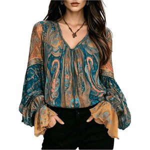 image:imageGORGLITTER Womens Paisley Top Peasant Boho Flowy Bell Sleeve 60s BlouseMulticolor