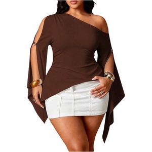 image:imageGORGLITTER Womens Plus Size Asymmetrical Tops Sexy Off The Shoulder BlouseCoffee Brown