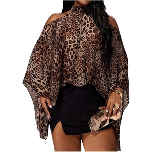 image:imageGORGLITTER Womens Plus Size Cold Shoulder Tops Leopard Print Poncho BlouseBrown