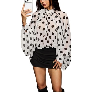 image:imageGORGLITTER Womens Polka Dots Chiffon Blouses Lantern Sleeve Flowy TopsBlack and White