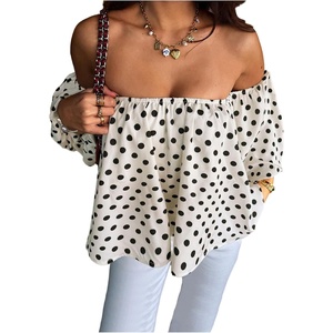 image:imageGORGLITTER Womens Polka Dots Off The Shoulder Tops Puff Sleeve BlouseWhite1