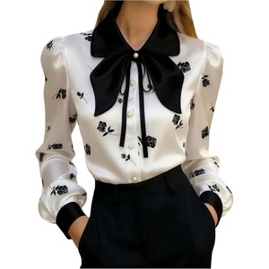 image:imageGORGLITTER Womens Satin Button Down Shirts Silk Bow Floral Elegant Dressy Business Casual Long Sleeve Blouse TopsWhite