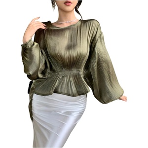 image:imageGORGLITTER Womens Shiny Peplum Blouse Dressy Long Lantern Sleeve High Low Hem Business Casual Party TopsDark Green