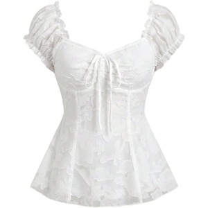 image:imageGORGLITTER Womens Smocked Peplum Tie Front Blouse Floral Jacquard Sweetheart Neck Puff Sleeve Babydoll TopsWhite