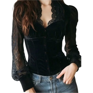 image:imageGORGLITTER Womens Velvet Lace Blouse Y2K Long Sleeve Goth Fall Shirt TopsBlack