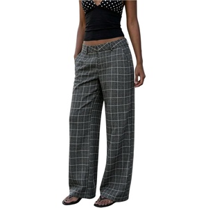 image:imageGORGLITTER Womens Plaid Low Rise Pants Trousers Baggy Wide Leg Dress PantsGrey Plaid