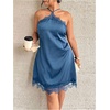 image:imageGORGLITTER Womens Plus Size Satin Lace Halter Dress Sexy Party Club DressBlue