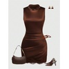 image:imageGORGLITTER Womens Satin Lace Mini Dresses Fall Wedding Guest Dress DressyBrown
