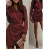 image:imageGORGLITTER Womens Satin Long Sleeve Mini Dress Sexy Ruched Wrap Collar V Neck Casual Formal Prom Tunic T Shirts DressesRed