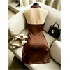 image:imageGORGLITTER Womens Satin Mini Halter Dress Cinched Waist Night Out DressesBrown