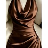 image:imageGORGLITTER Womens Satin Mini Halter Dress Cinched Waist Night Out DressesBrown