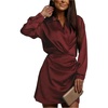 image:imageGORGLITTER Womens Satin Long Sleeve Mini Dress Sexy Ruched Wrap Collar V Neck Casual Formal Prom Tunic T Shirts DressesRed