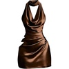 image:imageGORGLITTER Womens Satin Mini Halter Dress Cinched Waist Night Out DressesBrown