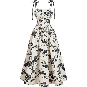 image:imageGORGLITTER Womens Floral Tea Party Dresses Summer Easter Bow Tie Cocktail Prom Wedding Guest Vacation Sun Midi DressBlack and White