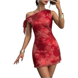 image:imageGORGLITTER Womens One Shoulder Wedding Guest Cocktail Mini DressesFloral Graphic Red