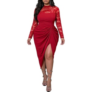 image:imageGORGLITTER Womens Plus Size Lace Long Sleeve Cocktail Birthday Midi DressRed