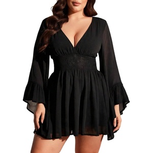 image:imageGORGLITTER Womens Plus Size Renaissance Dress Mesh Bell Long Sleeve Deep V Smocked Waist Medieval Peasant DressesBlack