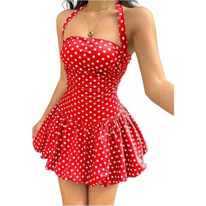 image:imageGORGLITTER Womens Polka Dots Halter Mini Dress Y2K Vintage Bubble DressesRed