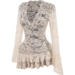 image:imageGORGLITTER Womens Y2K Lace Mini Dress Sexy Sheer Long Sleeve Flare DressApricot