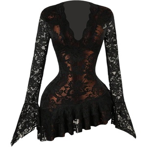 image:imageGORGLITTER Womens Y2K Lace Mini Dress Sexy Sheer Long Sleeve Flare DressBlack