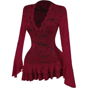 image:imageGORGLITTER Womens Y2K Lace Mini Dress Sexy Sheer Long Sleeve Flare DressBurgundy