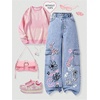 image:imageGORGLITTER Girls Baggy Jeans Straight Wide Leg Denim Cargo Jogger PantsLight Blue Graphic