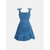 image:imageGORGLITTER Girls Denim Ruffle Dress Cute Bow Square Neck Ruched A Line Summer Vacation Short Jean DressBlue