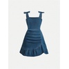image:imageGORGLITTER Girls Denim Ruffle Dress Cute Bow Square Neck Ruched A Line Summer Vacation Short Jean DressDark Wash