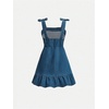 image:imageGORGLITTER Girls Denim Ruffle Dress Cute Bow Square Neck Ruched A Line Summer Vacation Short Jean DressDark Wash