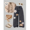 image:imageGORGLITTER Girls Floral Baggy Wide Leg Jeans Zipper Fly Washed Denim PantsBlack