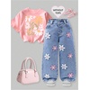 image:imageGORGLITTER Girls Floral Baggy Wide Leg Jeans Zipper Fly Washed Denim PantsBlue